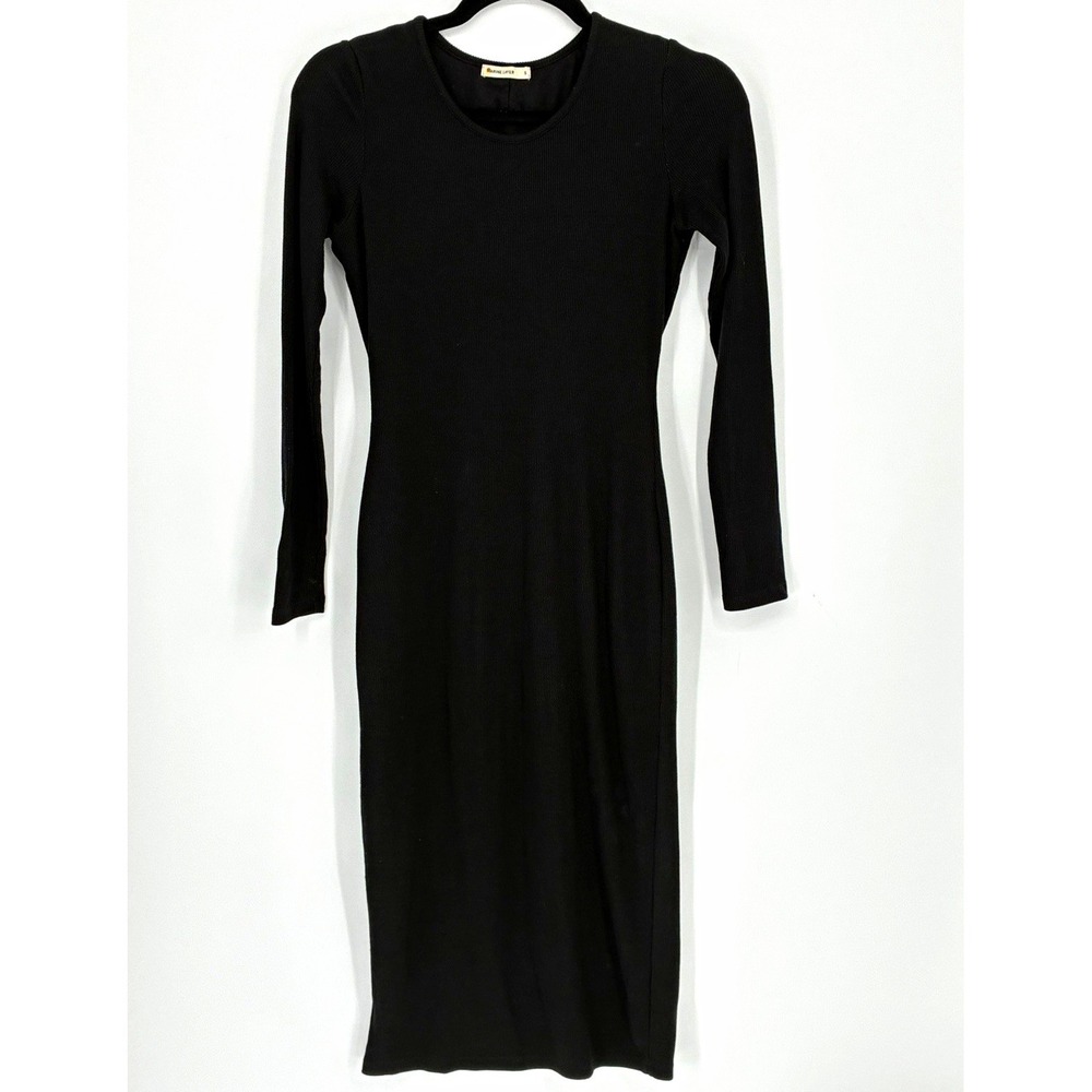 Marine Layer Womens S Black Ribbed Midi Dress Long Sleeve Body Con Lyocell